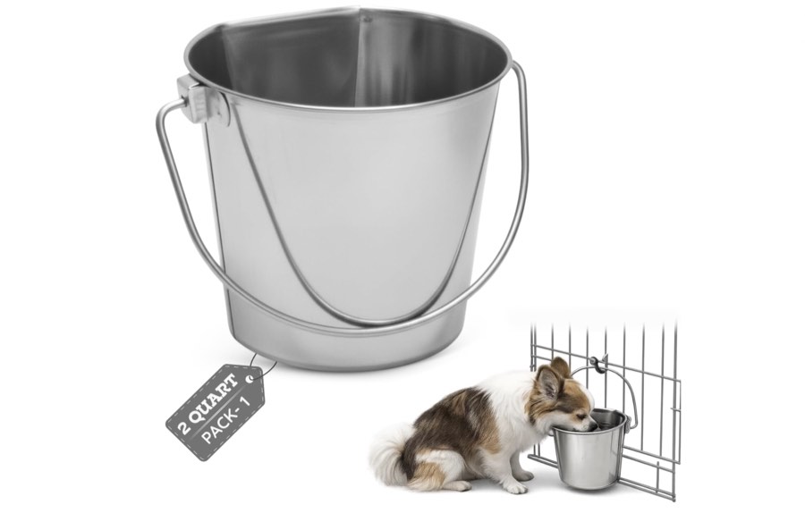 Stainless steel water pail that clips to an exercise pen or crate